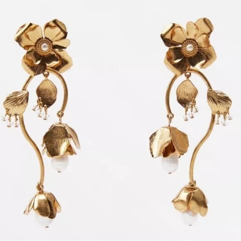 Gold Floral Drop Earrings - Picture 10 of 11